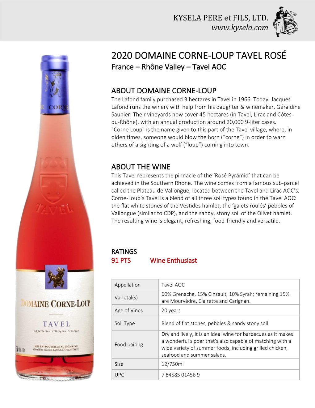 2020 DOMAINE CORNE-LOUP TAVEL ROSÉ France – Rhône Valley – Tavel AOC