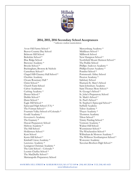 2014, 2015, 2016 Secondary School Acceptances * Indicates Student Matriculation