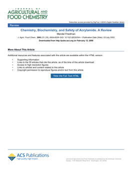 Chemistry, Biochemistry, and Safety of Acrylamide. a Review Mendel Friedman J