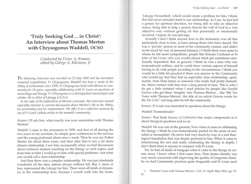 'Truly Seeking God ... in Christ': an Interview About Thomas Merton