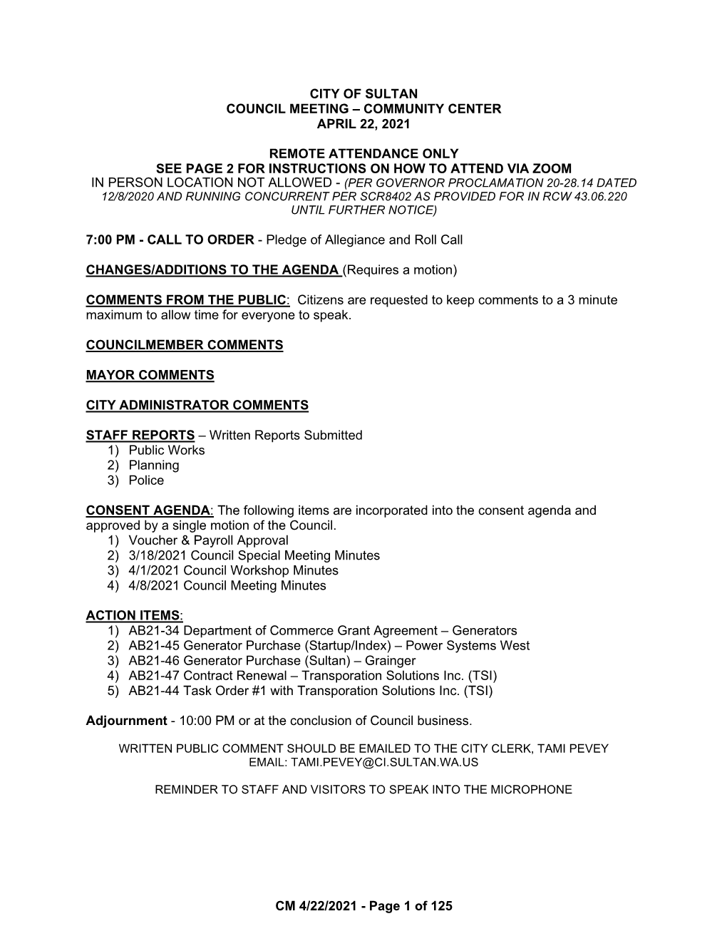 City of Sultan Council Meeting – Community Center April 22, 2021