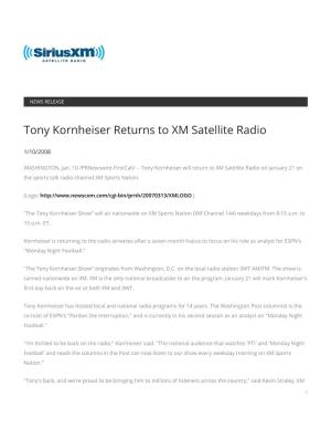 Tony Kornheiser Returns to XM Satellite Radio