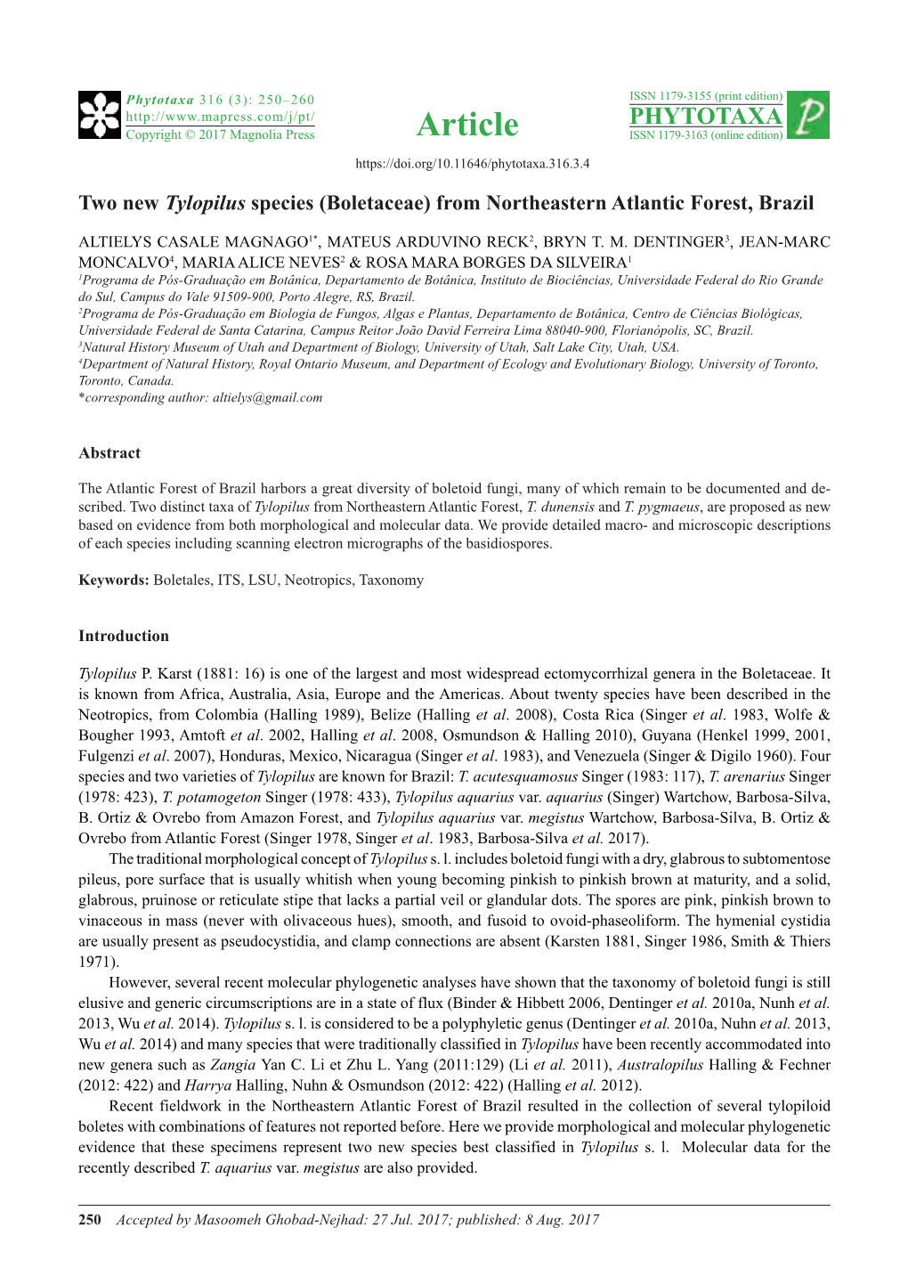 Two New Tylopilus Species (Boletaceae) from Northeastern Atlantic Forest, Brazil