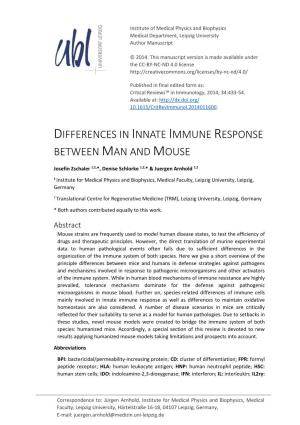Differences in Innate Immune Response Between Man and Mouse