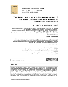 The Use of Littoral Benthic Macroinvertebrates of the Martín Garcia Island Nature Reserve As Indicators of Water Quality