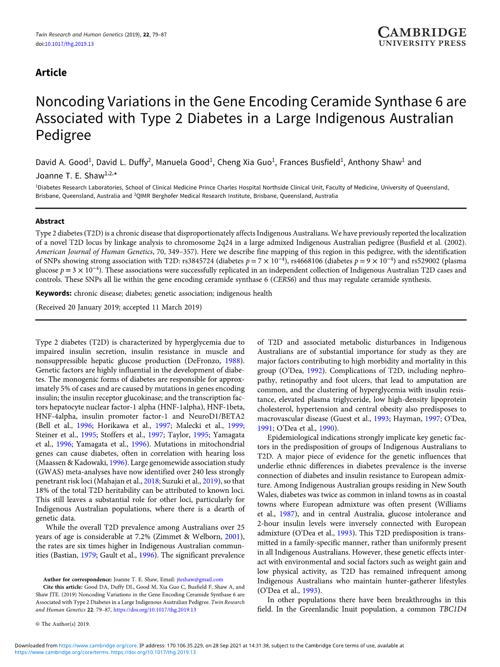 Noncoding Variations in the Gene Encoding Ceramide Synthase 6 Are Associated with Type 2 Diabetes in a Large Indigenous Australian Pedigree