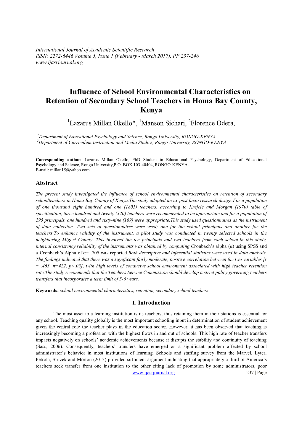 Influence of School Environmental Characteristics on Retention Of