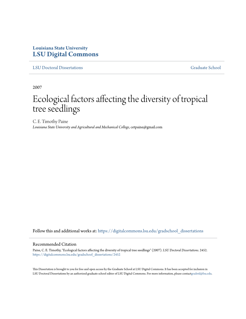 Ecological Factors Affecting the Diversity of Tropical Tree Seedlings C