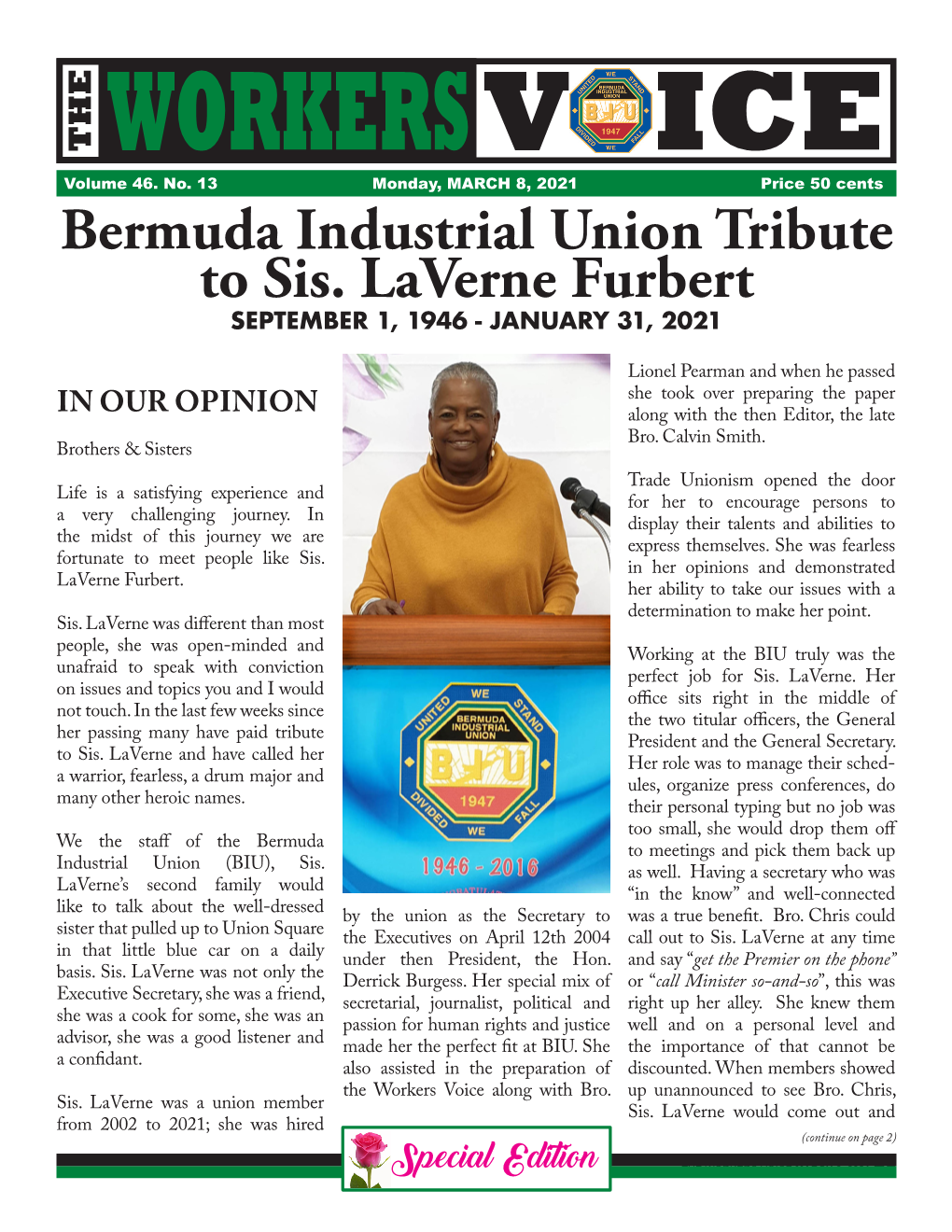 Bermuda Industrial Union Tribute to Sis. Laverne Furbert SEPTEMBER 1, 1946 - JANUARY 31, 2021