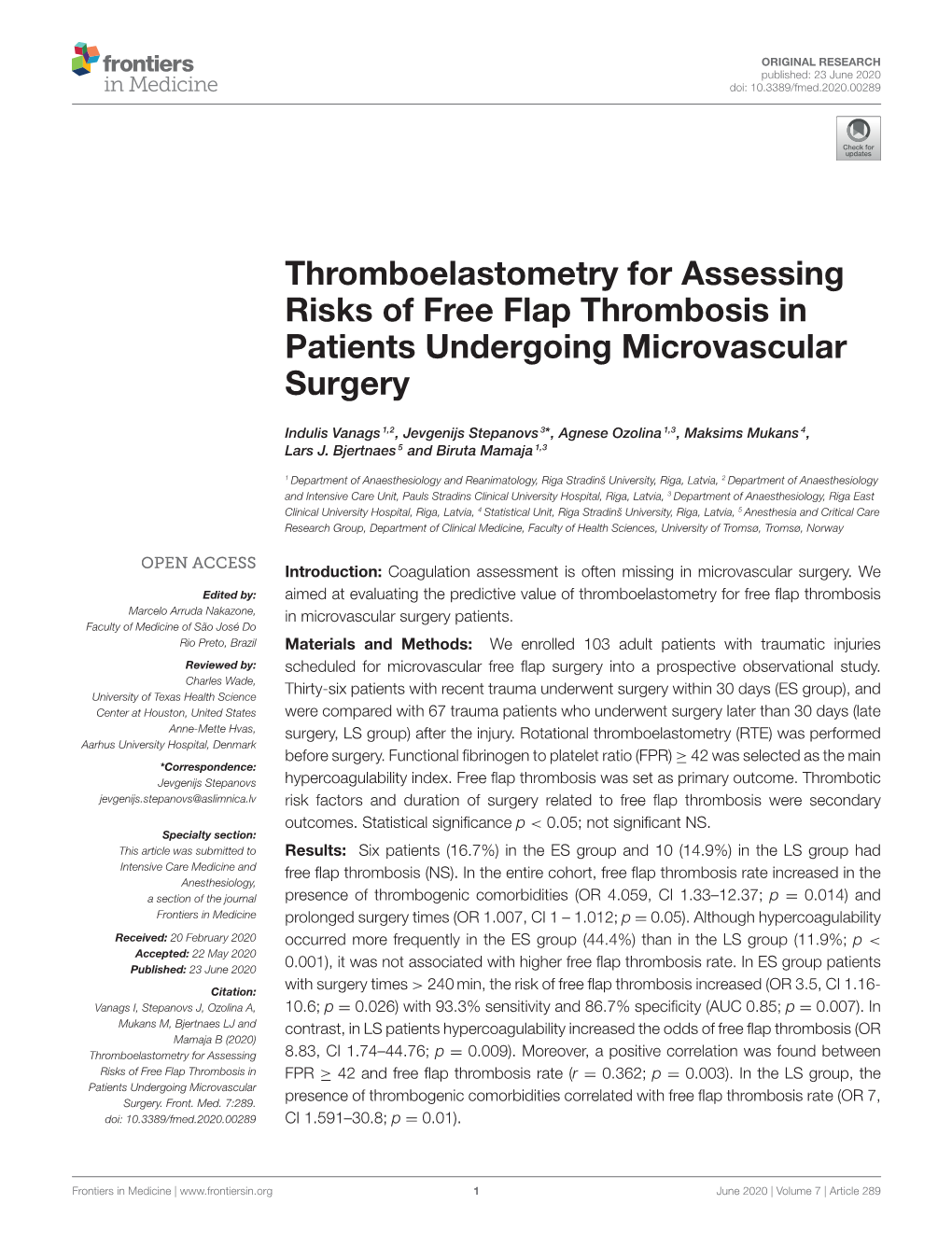 Thromboelastometry for Assessing Risks of Free Flap Thrombosis in Patients Undergoing Microvascular Surgery
