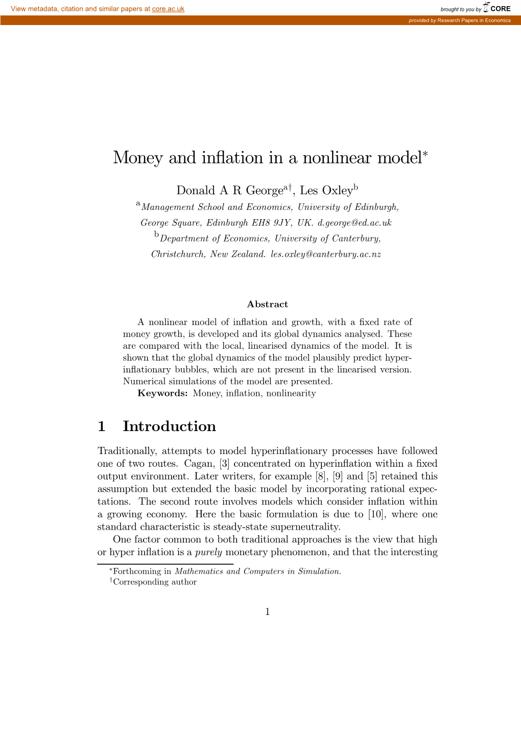 Money and Inflation in a Nonlinear Model∗