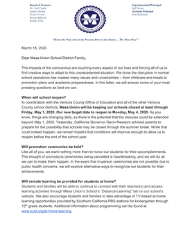 March 18, 2020 Dear Mesa Union School District Family, the Impacts