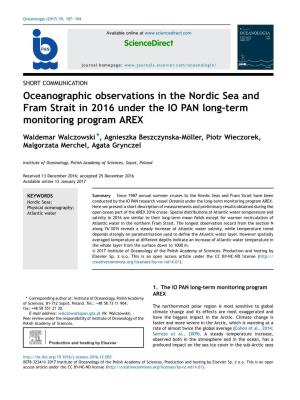 Oceanographic Observations in the Nordic Sea and Fram Strait in 2016