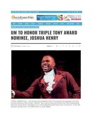 UM to Honor Triple Tony Award Nominee, Joshua Henry