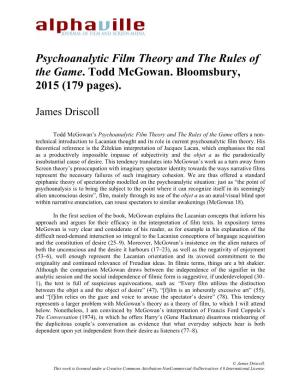 Psychoanalytic Film Theory and the Rules of the Game. Todd Mcgowan