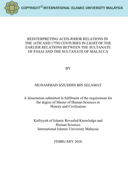Reinterpreting Aceh-Johor Relations in the 16Th and 17Th Centuries in Light of the Earlier Relations Between the Sultanate of Pasai and the Sultanate of Malacca