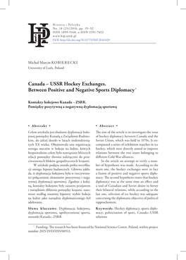 Canada – USSR Hockey Exchanges. Between Positive and Negative Sports Diplomacy *