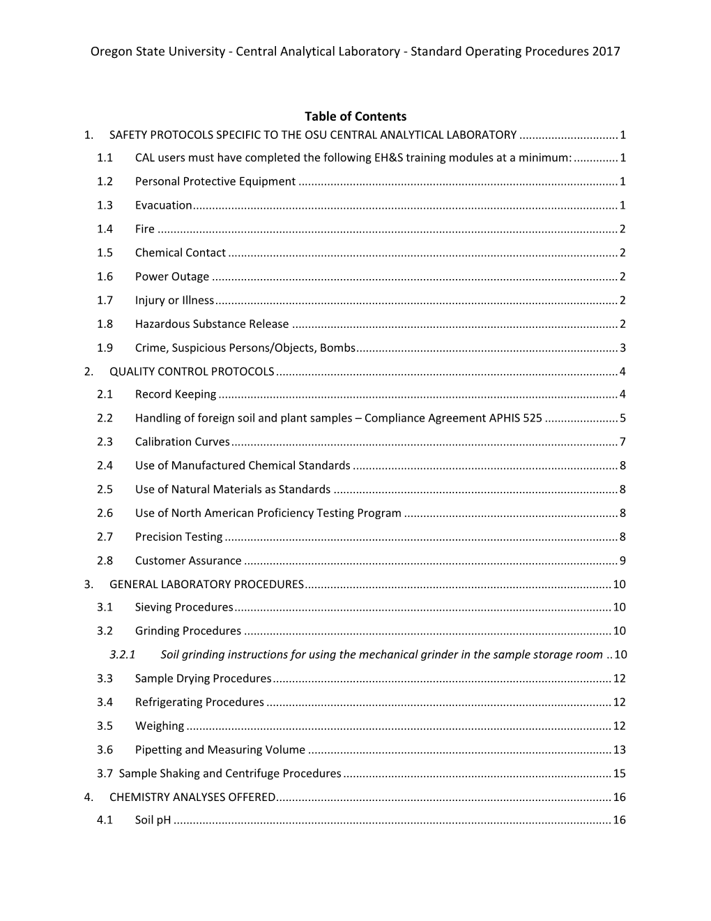 Central Analytical Laboratory - Standard Operating Procedures 2017