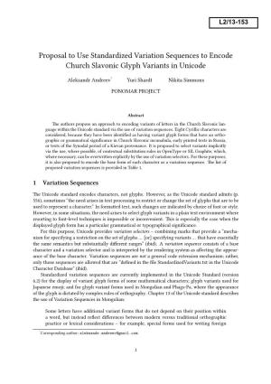 Proposal to Use Standardized Variation Sequences to Encode Church Slavonic Glyph Variants in Unicode