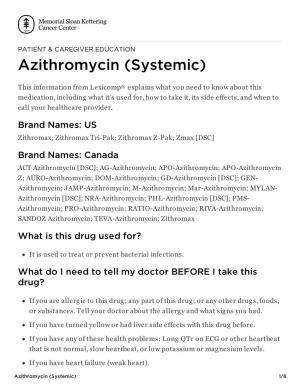 Azithromycin (Systemic) | Memorial Sloan Kettering Cancer Center
