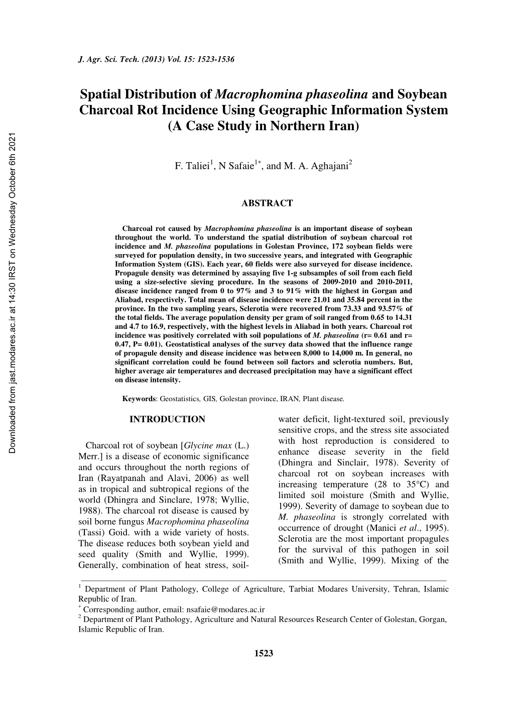 Spatial Distribution of Macrophomina Phaseolina and Soybean Charcoal Rot Incidence Using Geographic Information System (A Case Study in Northern Iran)