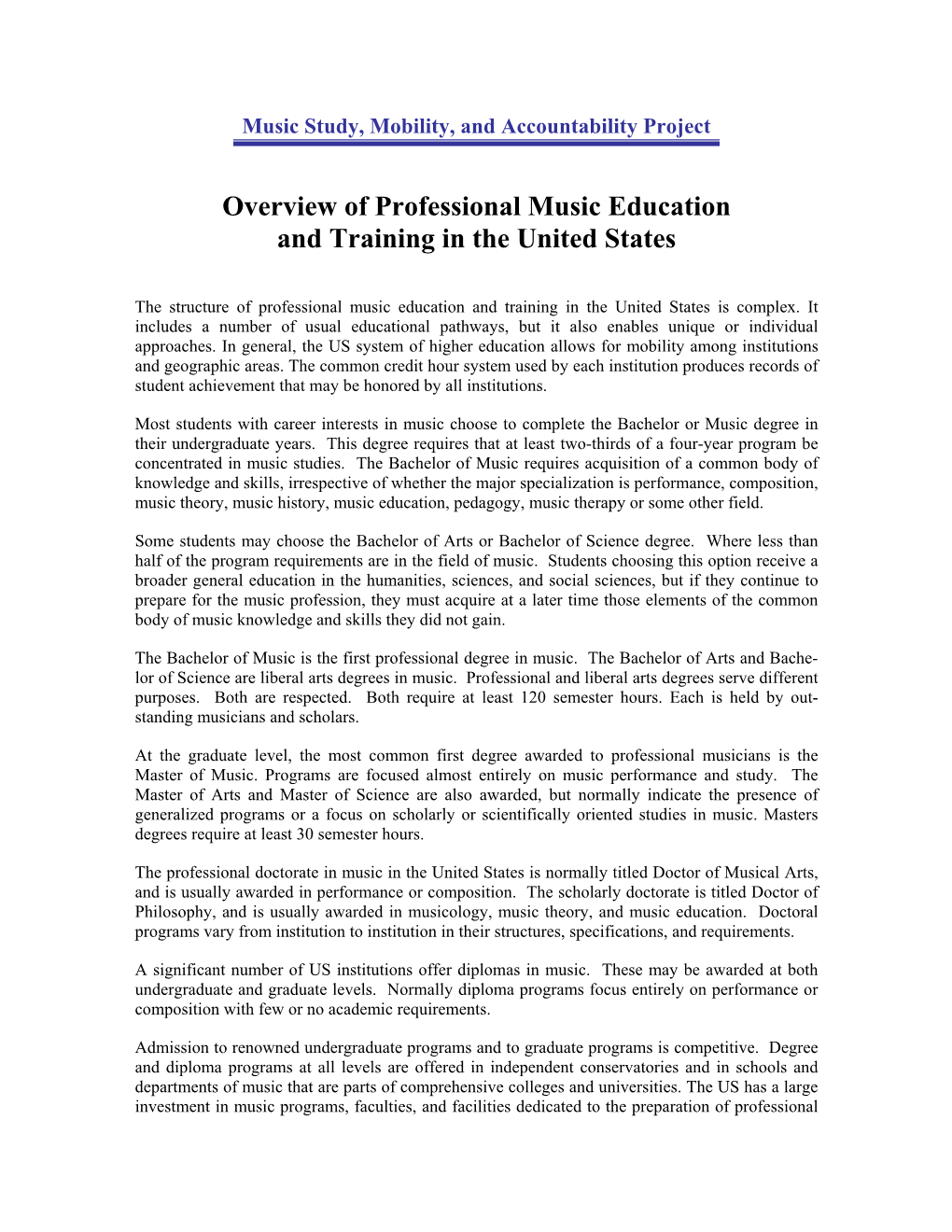 Overview of Professional Music Education and Training in the United States