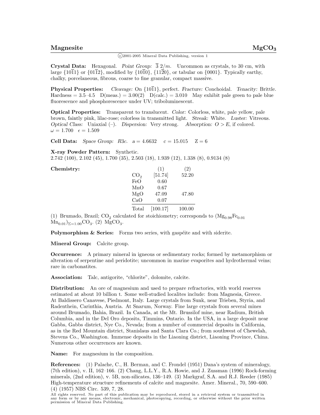 Magnesite Mgco3 C 2001-2005 Mineral Data Publishing, Version 1