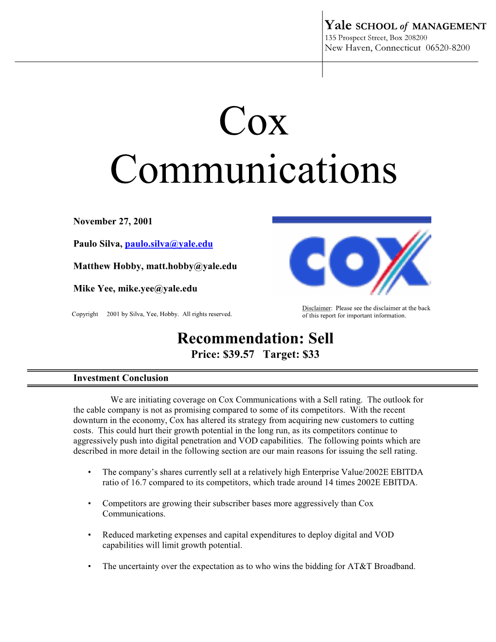 Cox Communications with a Sell Rating