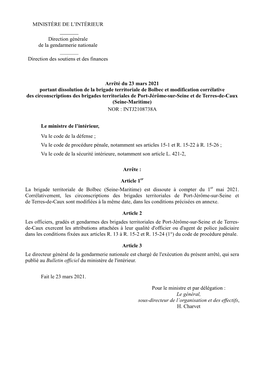 Arrêté Du 23 Mars 2021 Portant Dissolution De La Brigade Territoriale