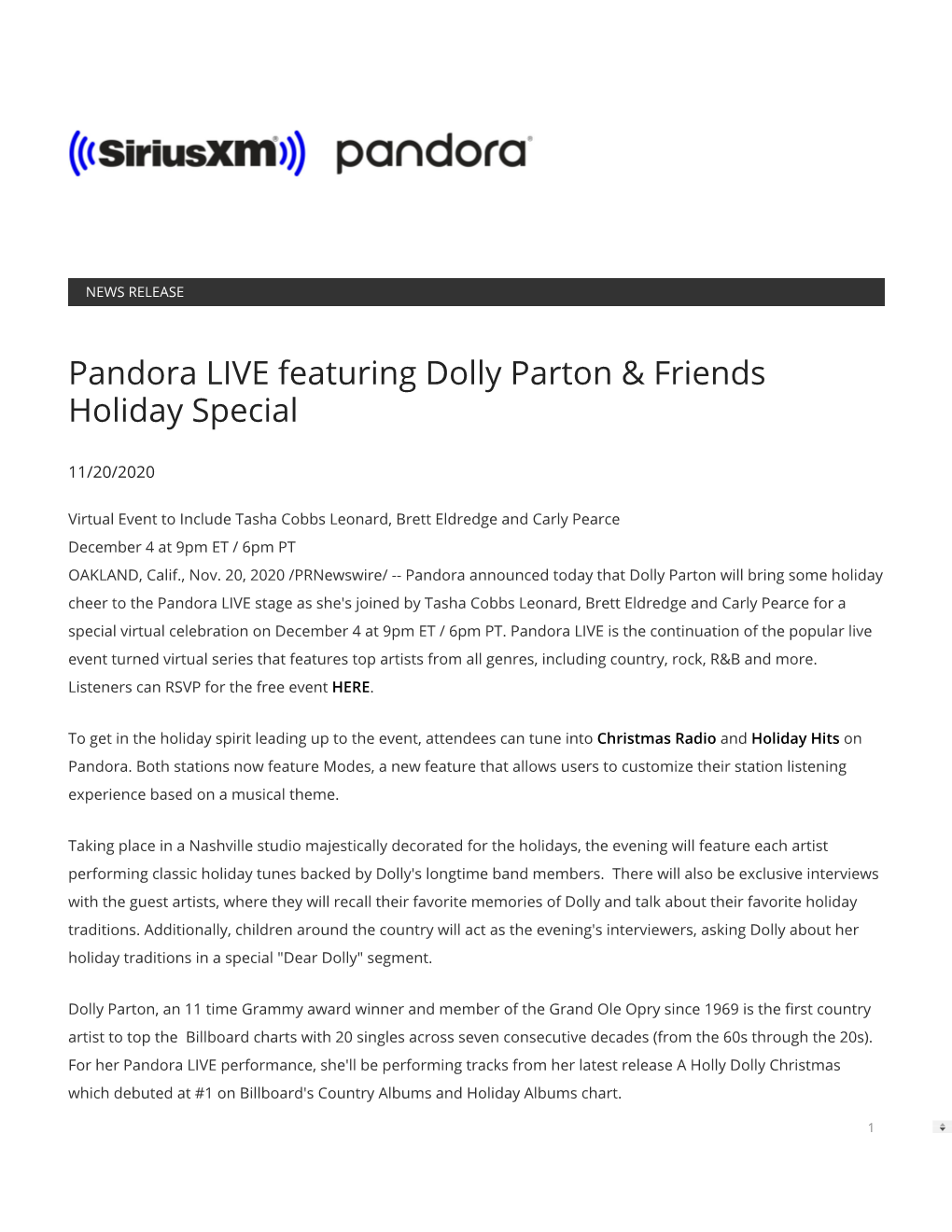 Pandora LIVE Featuring Dolly Parton & Friends Holiday Special