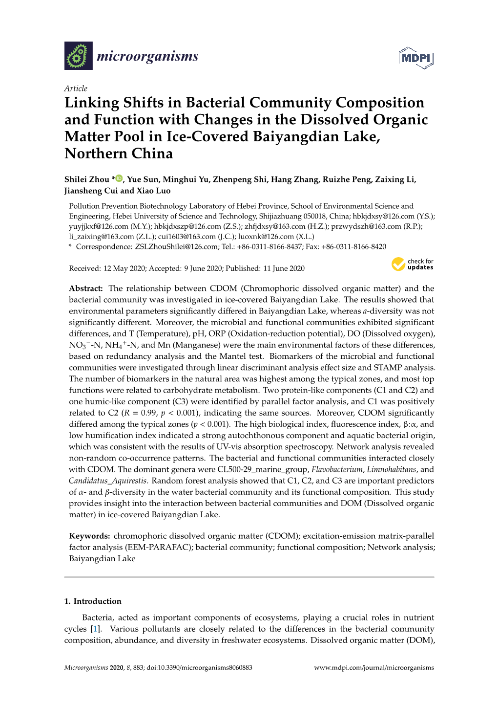 Linking Shifts in Bacterial Community Composition and Function with Changes in the Dissolved Organic Matter Pool in Ice-Covered Baiyangdian Lake, Northern China