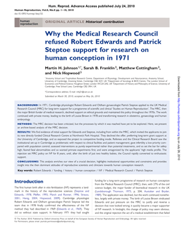 Why the Medical Research Council Refused Robert Edwards and Patrick Steptoe Support for Research on Human Conception in 1971