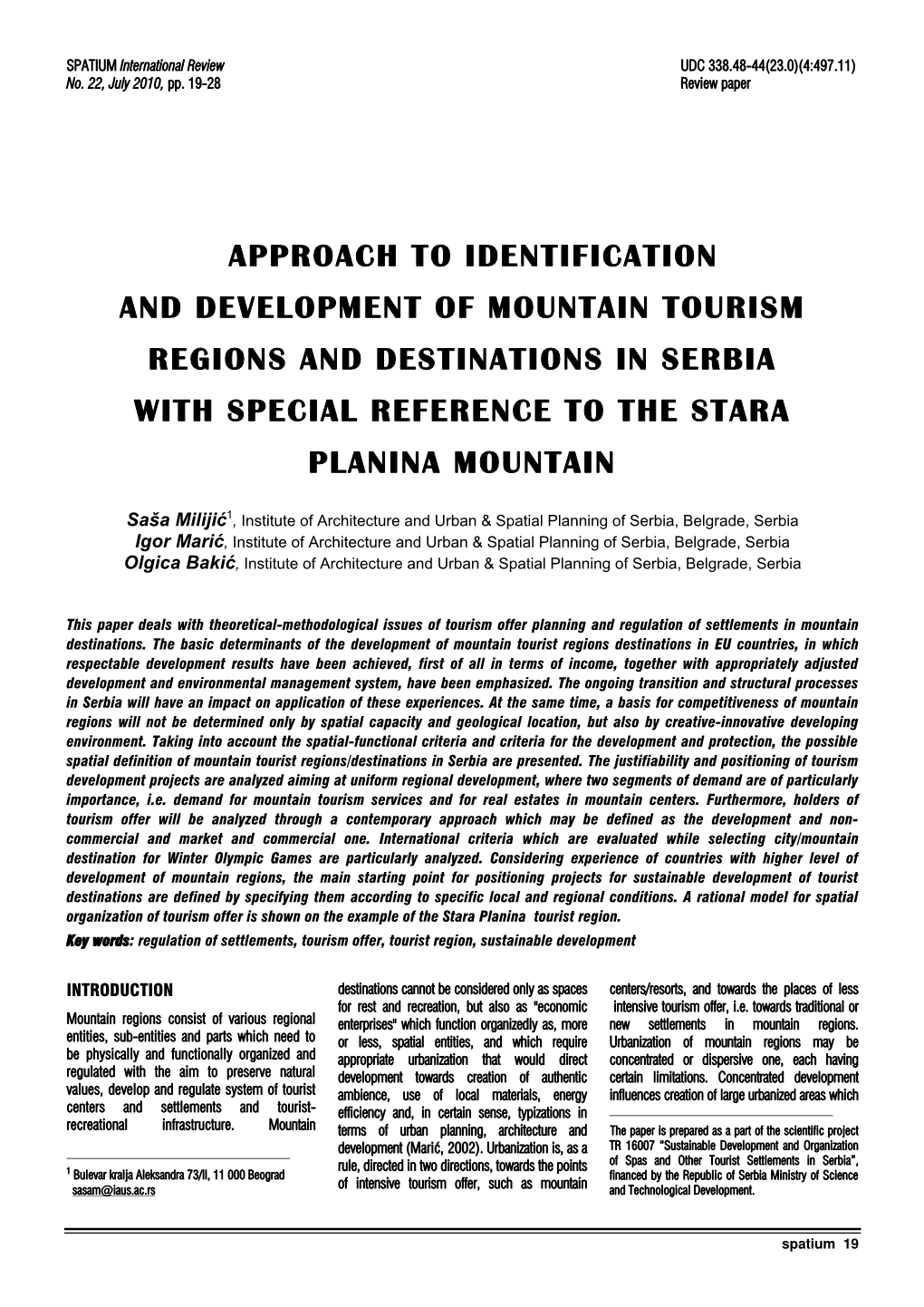 Approach to Identification and Development of Mountain Tourism Regions and Destinations in Serbia with Special Reference to the Stara Planina Mountain