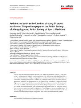 Asthma and Exercise-Induced Respiratory Disorders in Athletes. the Position Paper of the Polish Society of Allergology and Polish Society of Sports Medicine