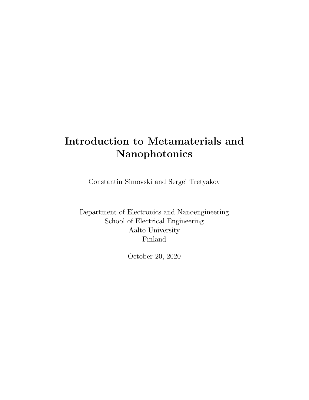 Introduction to Metamaterials and Nanophotonics