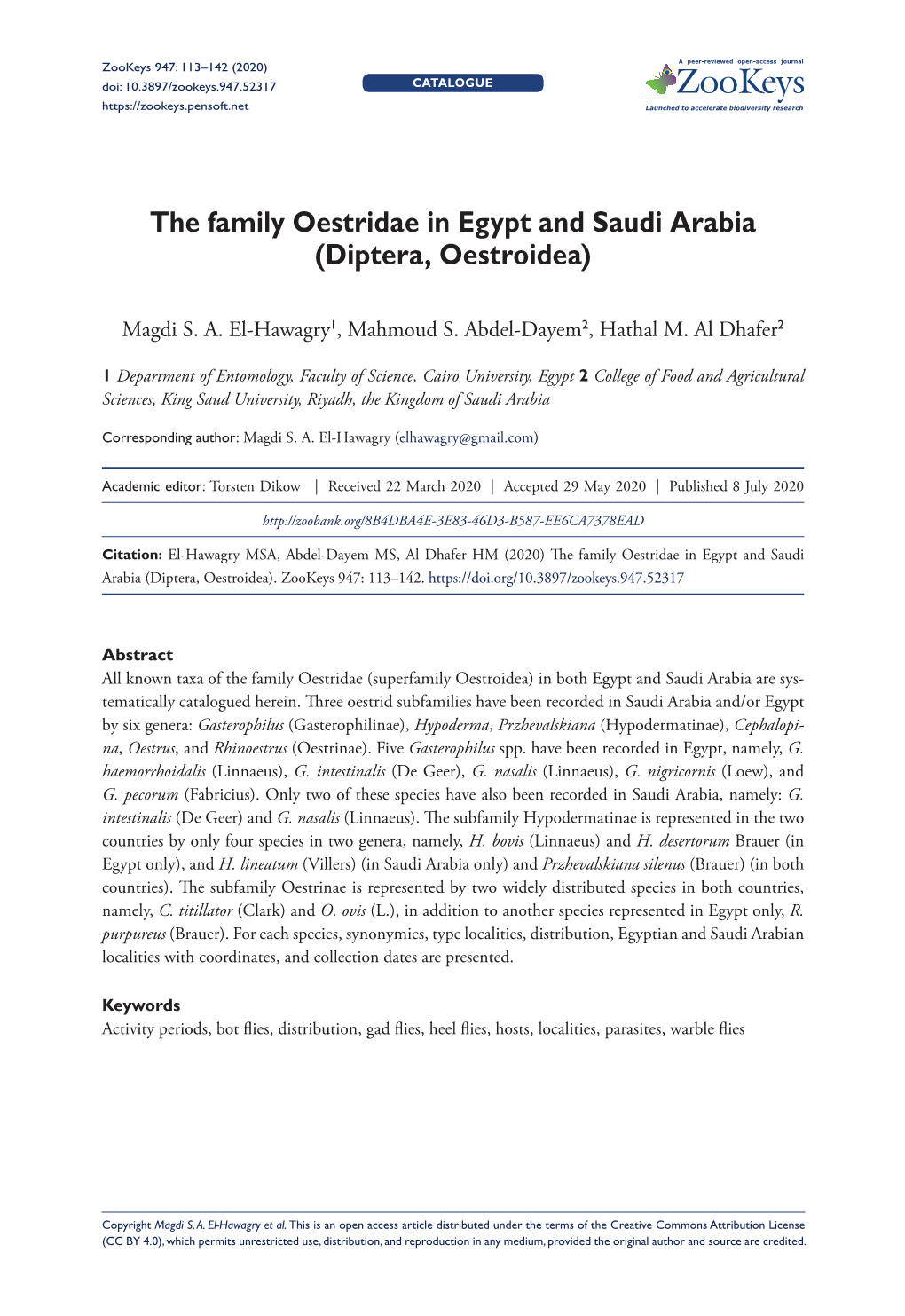 The Family Oestridae in Egypt and Saudi Arabia (Diptera, Oestroidea)