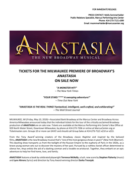 Tickets for the Milwaukee Premiere of Broadway's Anastasia on Sale