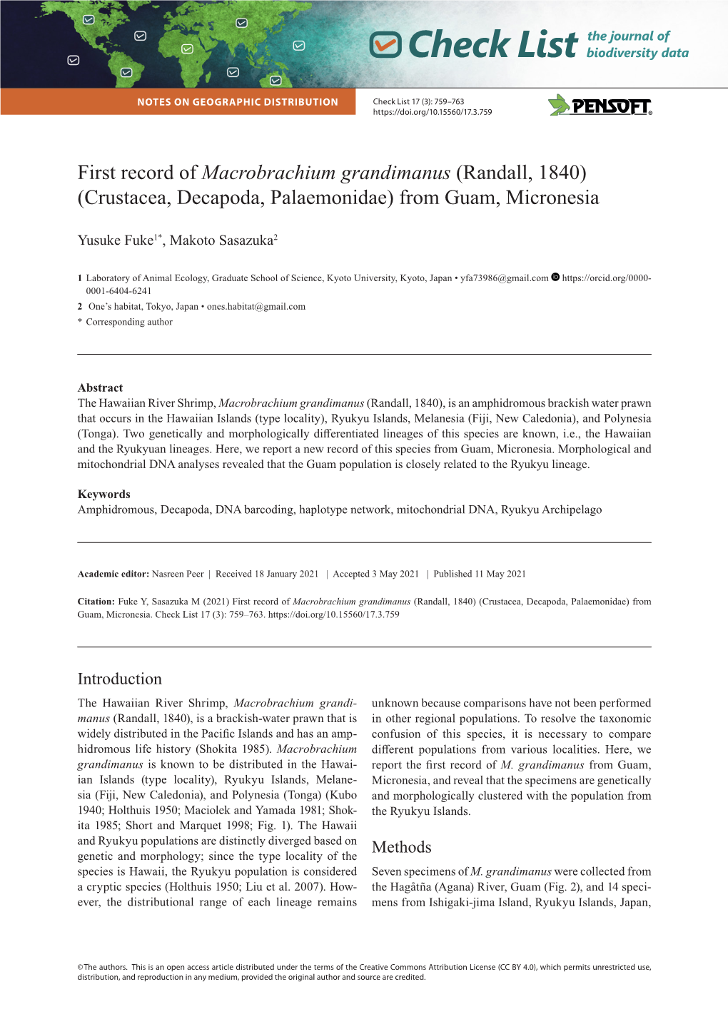 Macrobrachium Grandimanus (Randall, 1840) (Crustacea, Decapoda, Palaemonidae) from Guam, Micronesia