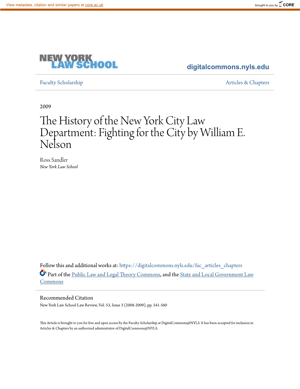 The History of the New York City Law Department: Fightingfor the City by William E