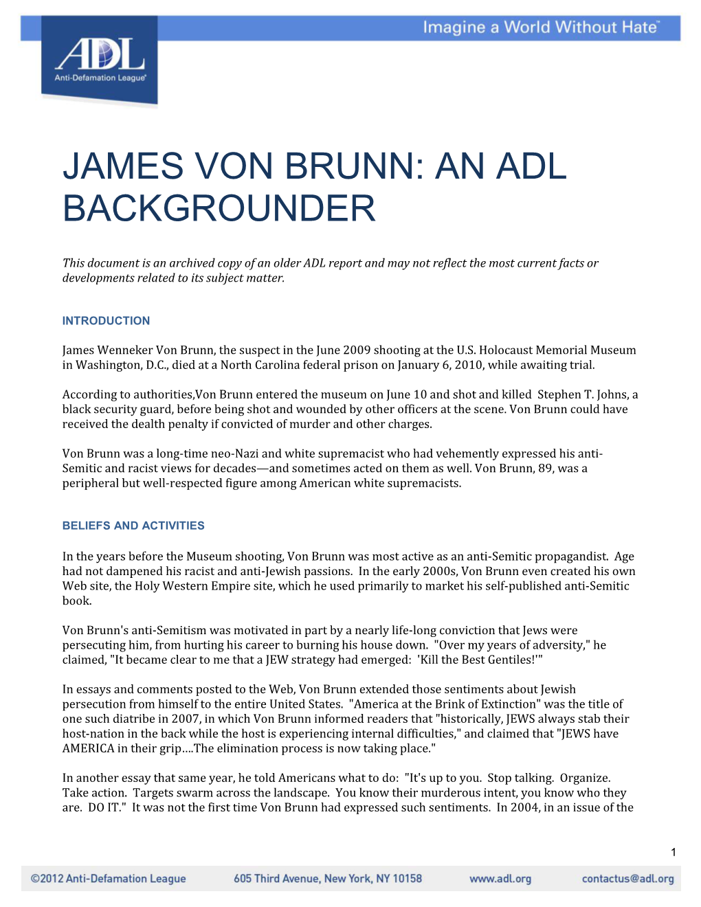 James Von Brunn: an Adl Backgrounder