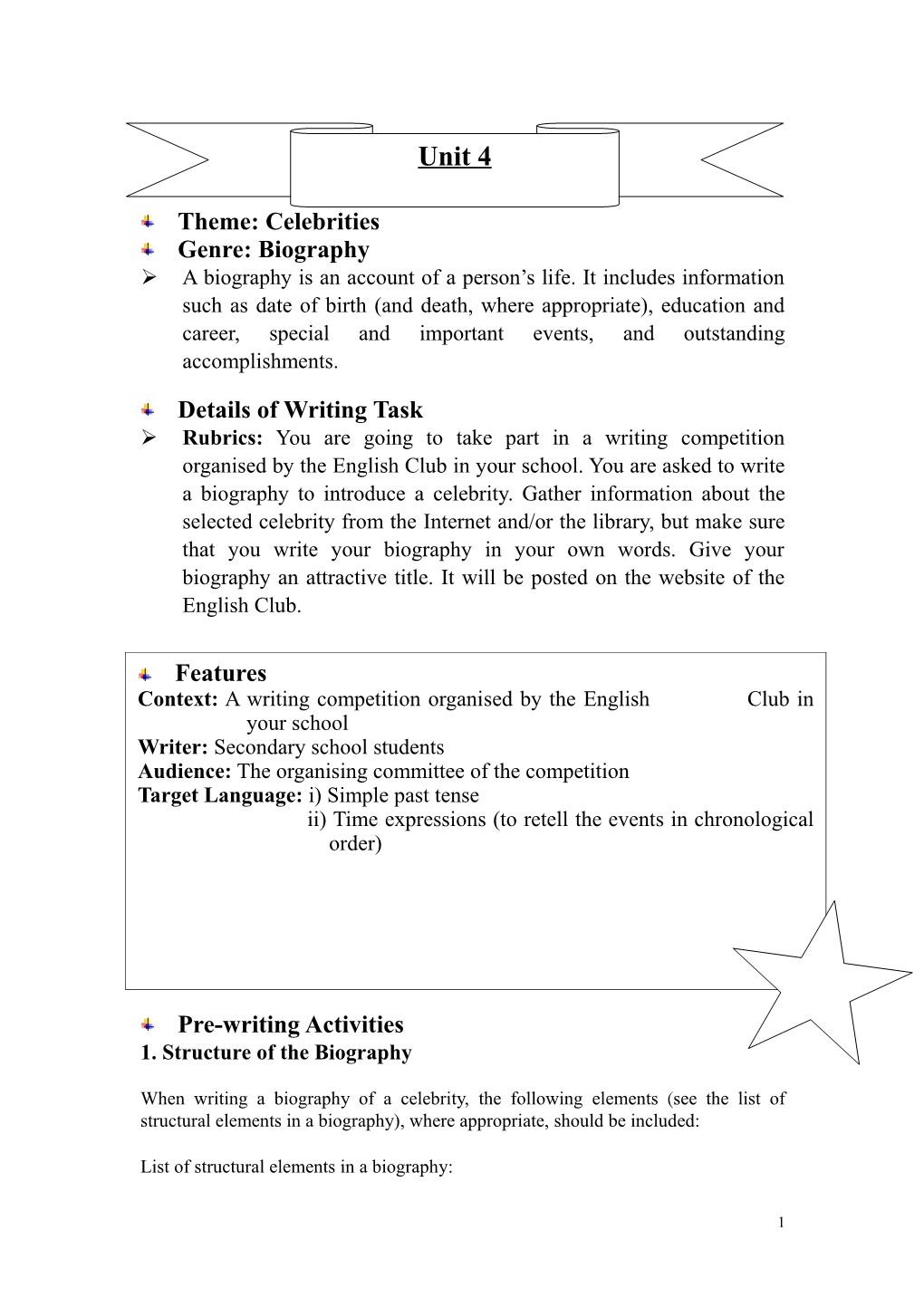 Pre-Writing Activities 1. Structure of the Biography