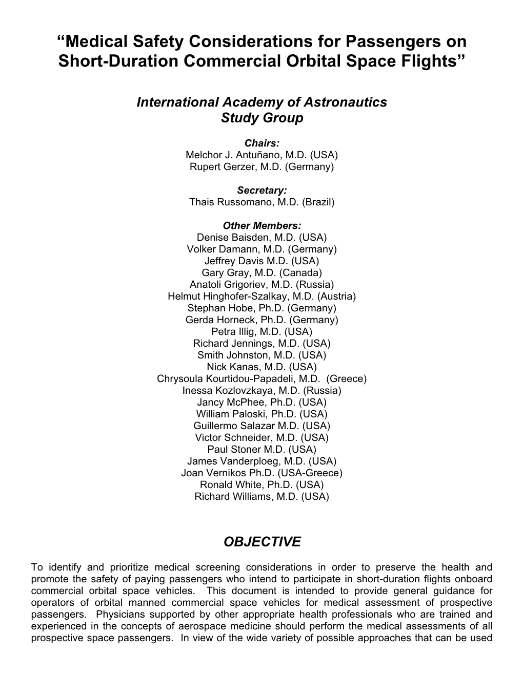 Medical Safety Considerations for Passengers on Short-Duration Commercial Orbital Space Flights”