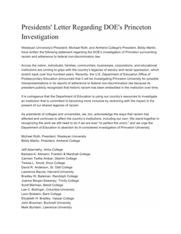 Presidents' Letter Regarding DOE's Princeton Investigation