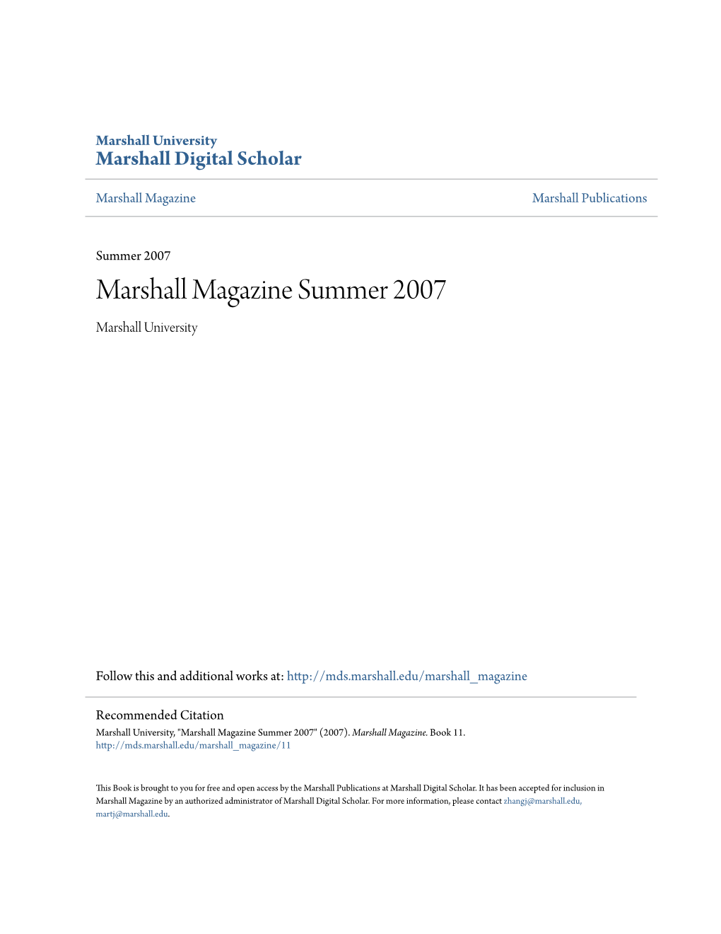 Marshall Magazine Summer 2007 Marshall University