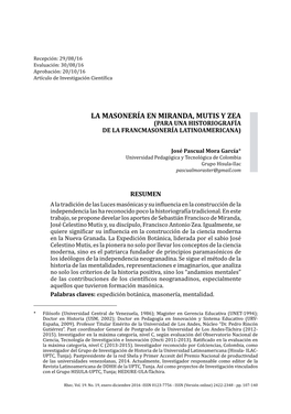 La Masonería En Miranda, Mutis Y Zea (Para Una Historiografía De La Francmasonería Latinoamericana)