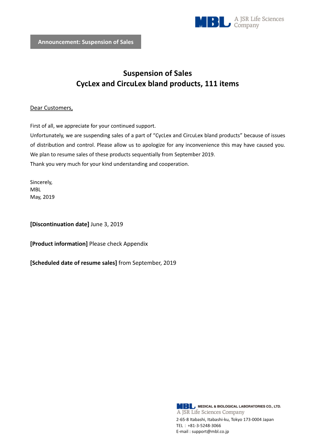 Suspension of Sales Cyclex and Circulex Bland Products, 111 Items