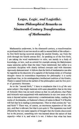 Logos, Logic, and Logistike: Some Philosophical Remarks on Nineteenth-Century Transformation of Mathematics