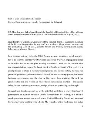 Text of Ellen Johnson Sirleaf's Speech