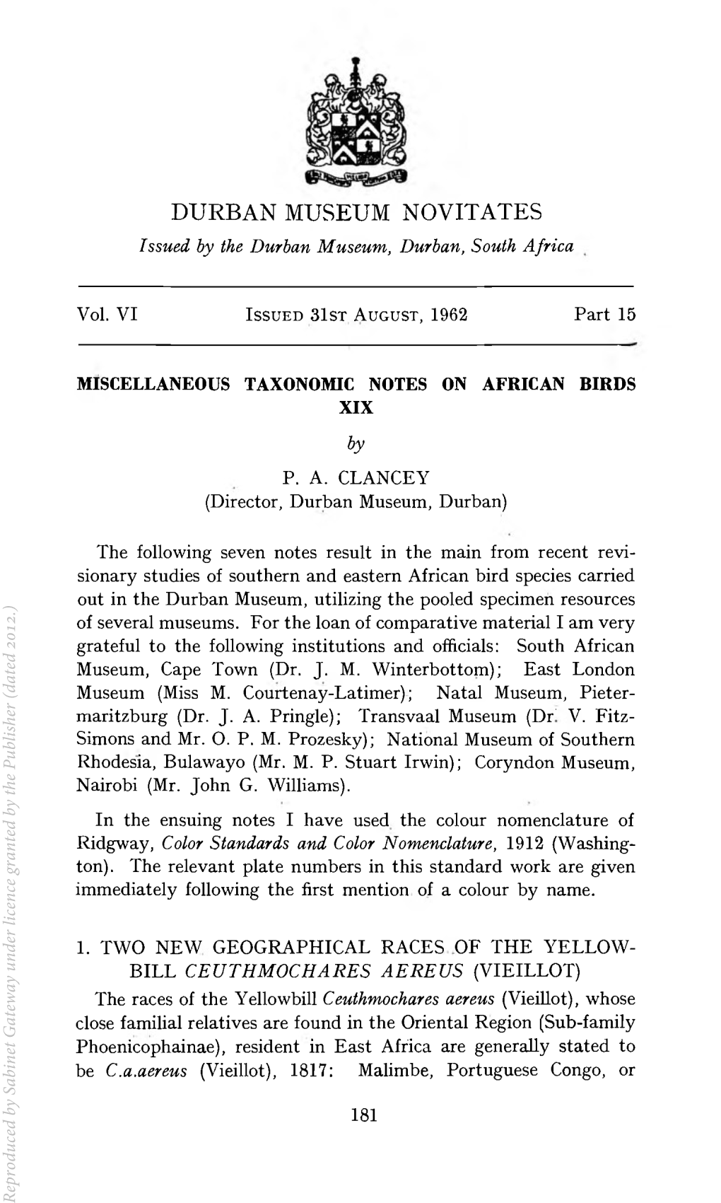 Miscellaneous Taxonomic Notes on African Birds Xix