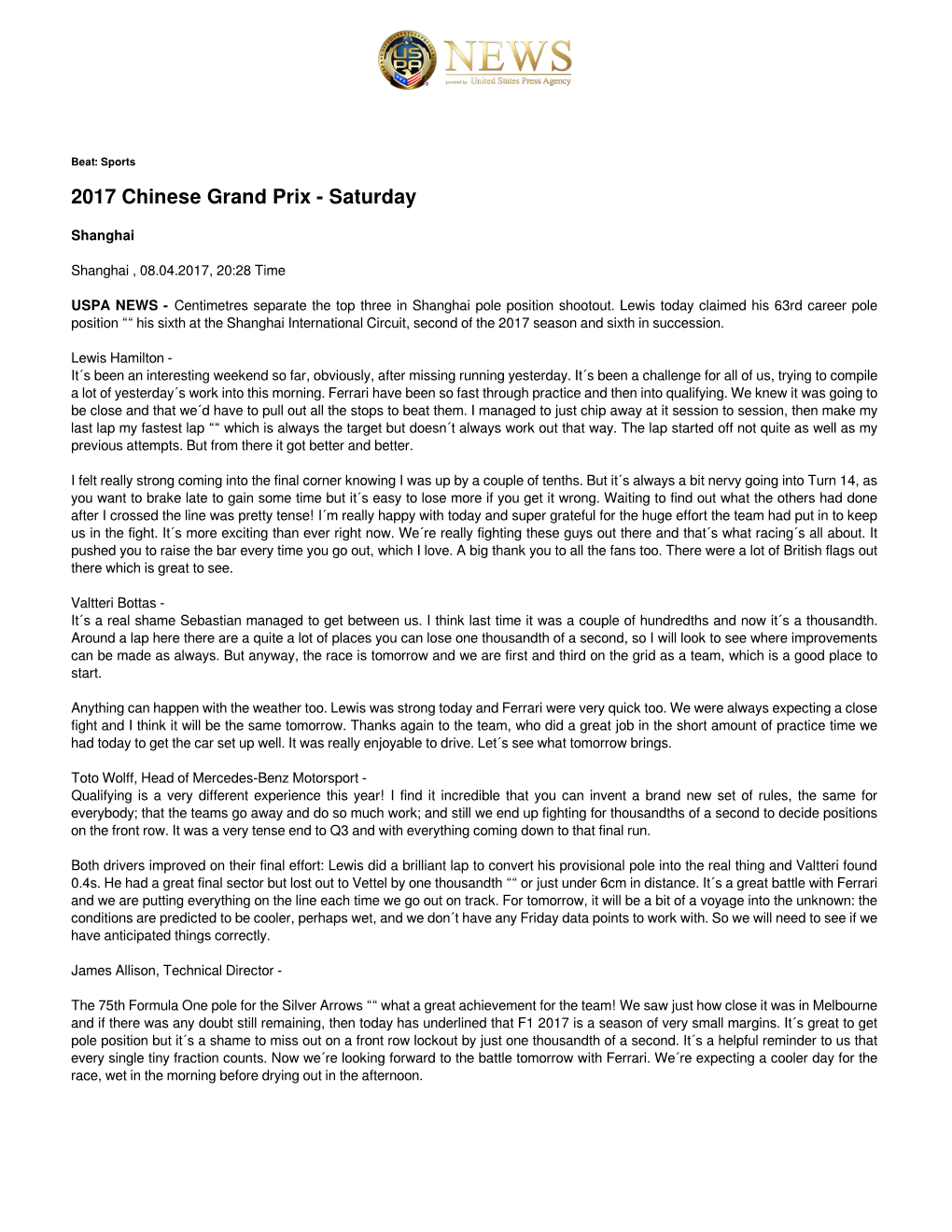 2017 Chinese Grand Prix - Saturday